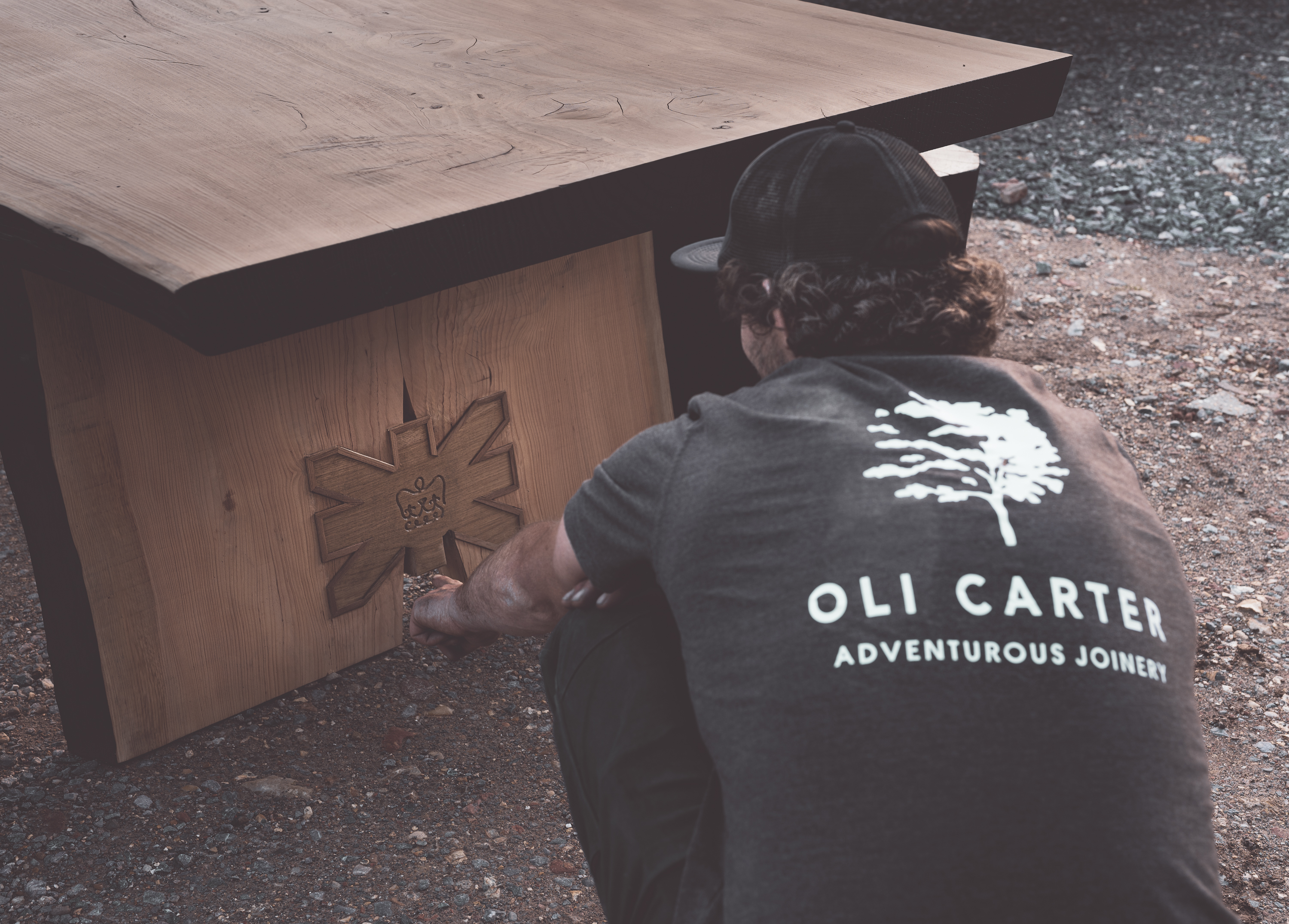 Oli Carter Adventurous Joinery with his Table, Bodelia for Chelsea Flower Show