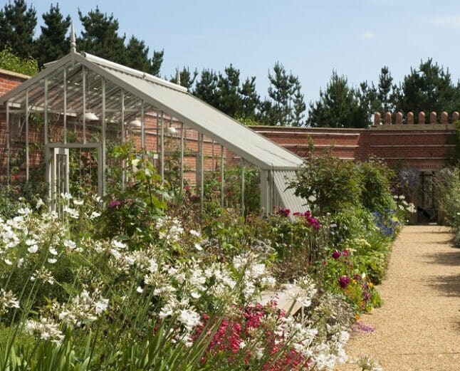 Alitex greenhouse in the midst of a floral garden