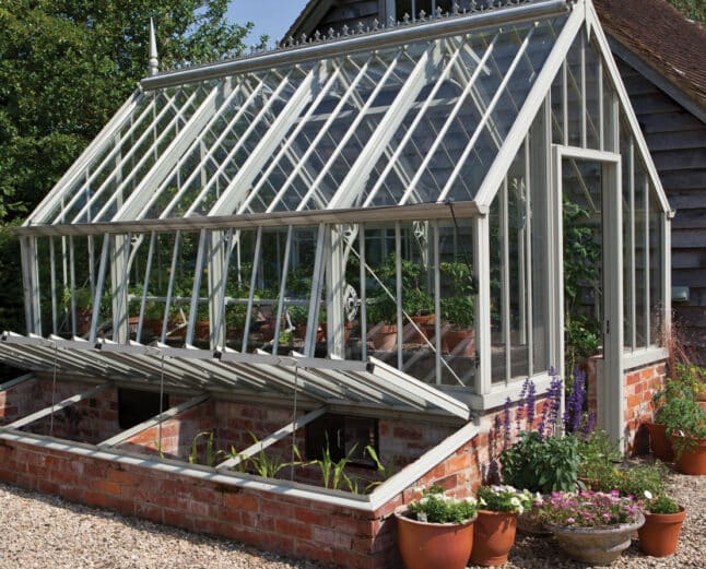 Scotney-Greenhouse-with-full-run-of-cold-frames-in-Wood-Sage-2