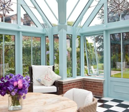 Blue conservatory with chequerboard flooring