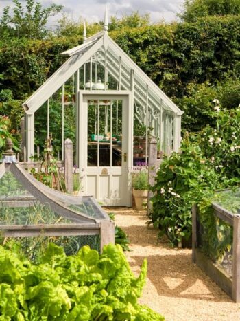A Victorian-style Hidcote greenhouse made from aluminium frames with multiple windows and a peaked roof. The greenhouse is surrounded by green flower beds and trees.
