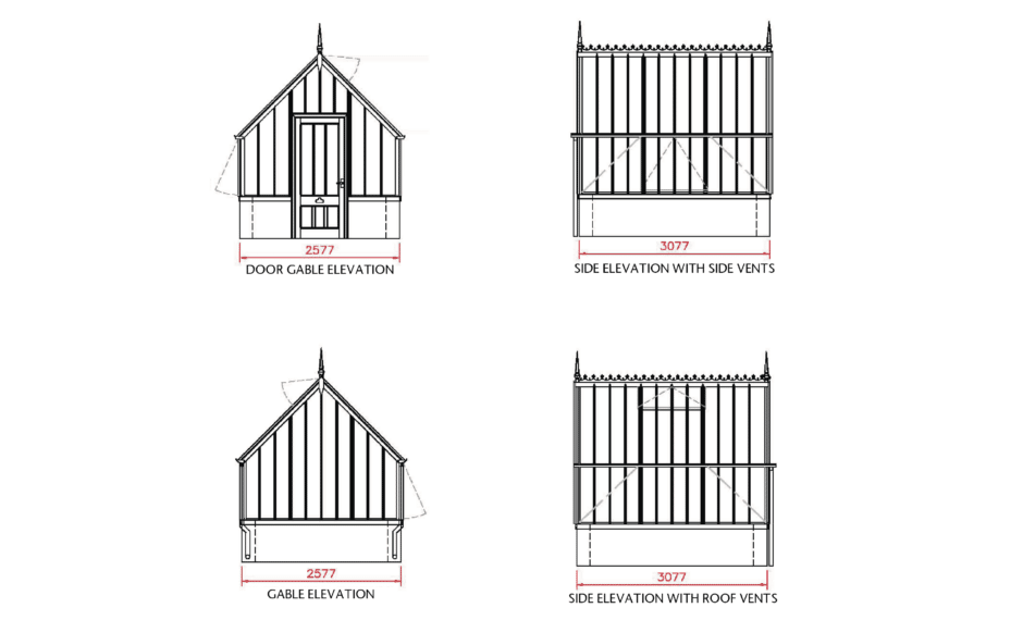 Front and Side plan drawings of Hidcote Greenhouse