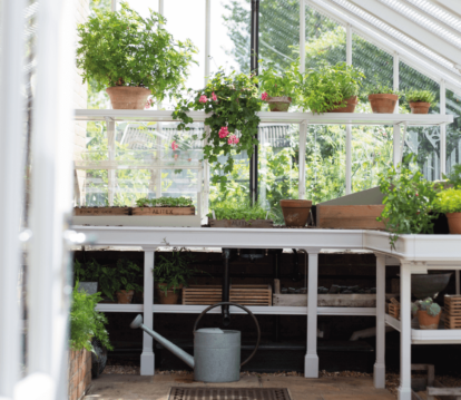 White Alitex greenhouse benching inside a lean-to greenhouse