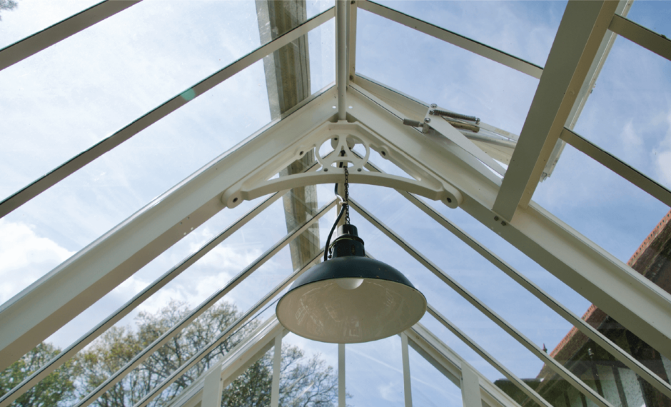 Aluminium Domed pendant light suspended from the ceiling of an Alitex greenhouse