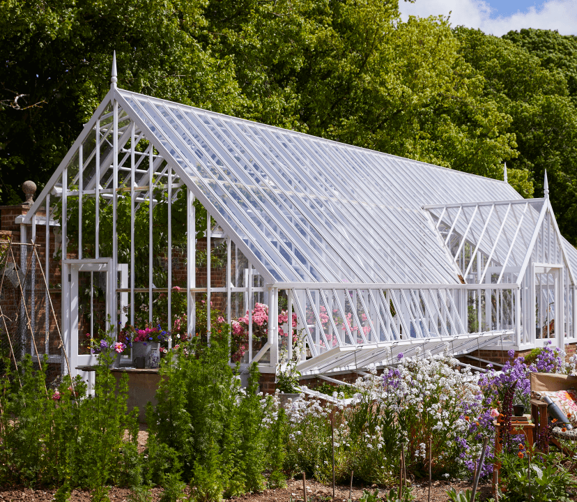 Large three quarter span greenhouse with cold frames in a colourful garden