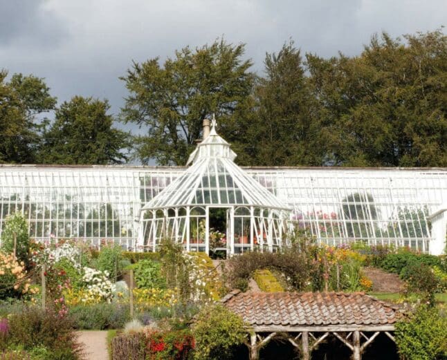 Large Traditional Victorian greenhouse with three lobbies surrounded by greenery.