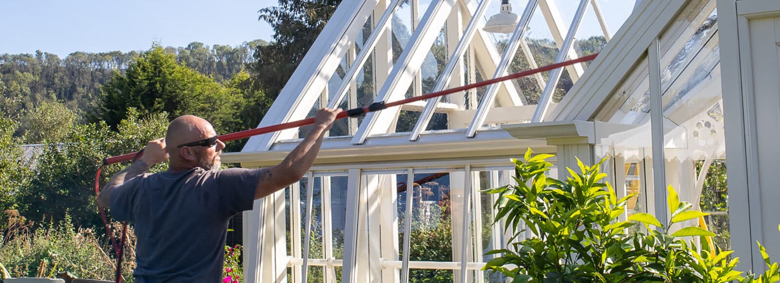 an image of a man cleaning  the roof of a glass greenhouse