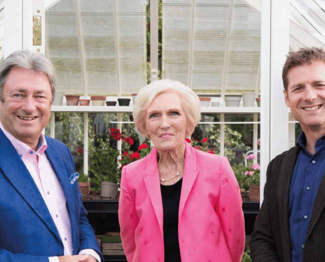 mary berry and alan titchmarsh alongside Tom Hall in front of a white victorian greenhouse
