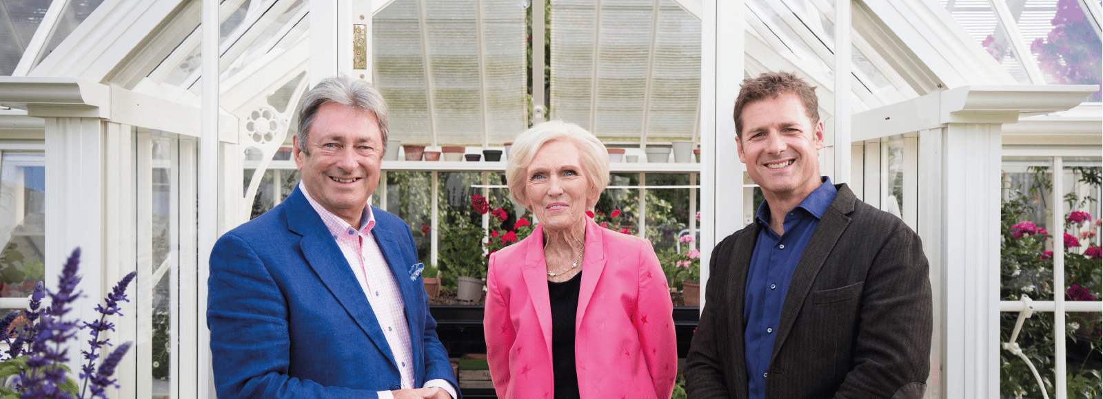 mary berry and alan titchmarsh alongside Tom Hall in front of a white victorian greenhouse