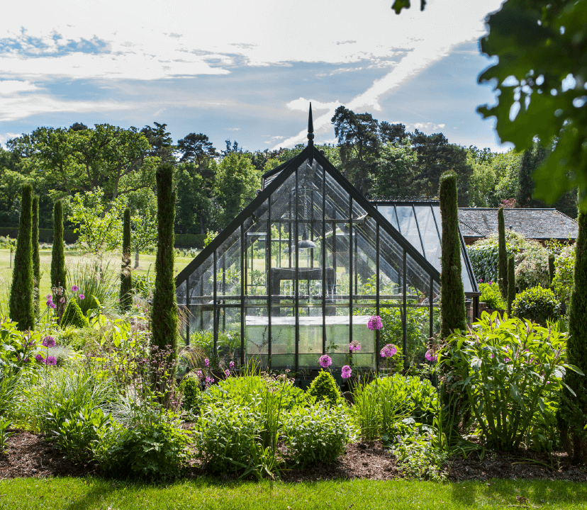 Freestanding greenhouse in graphite grey surrounded by greenery and plants