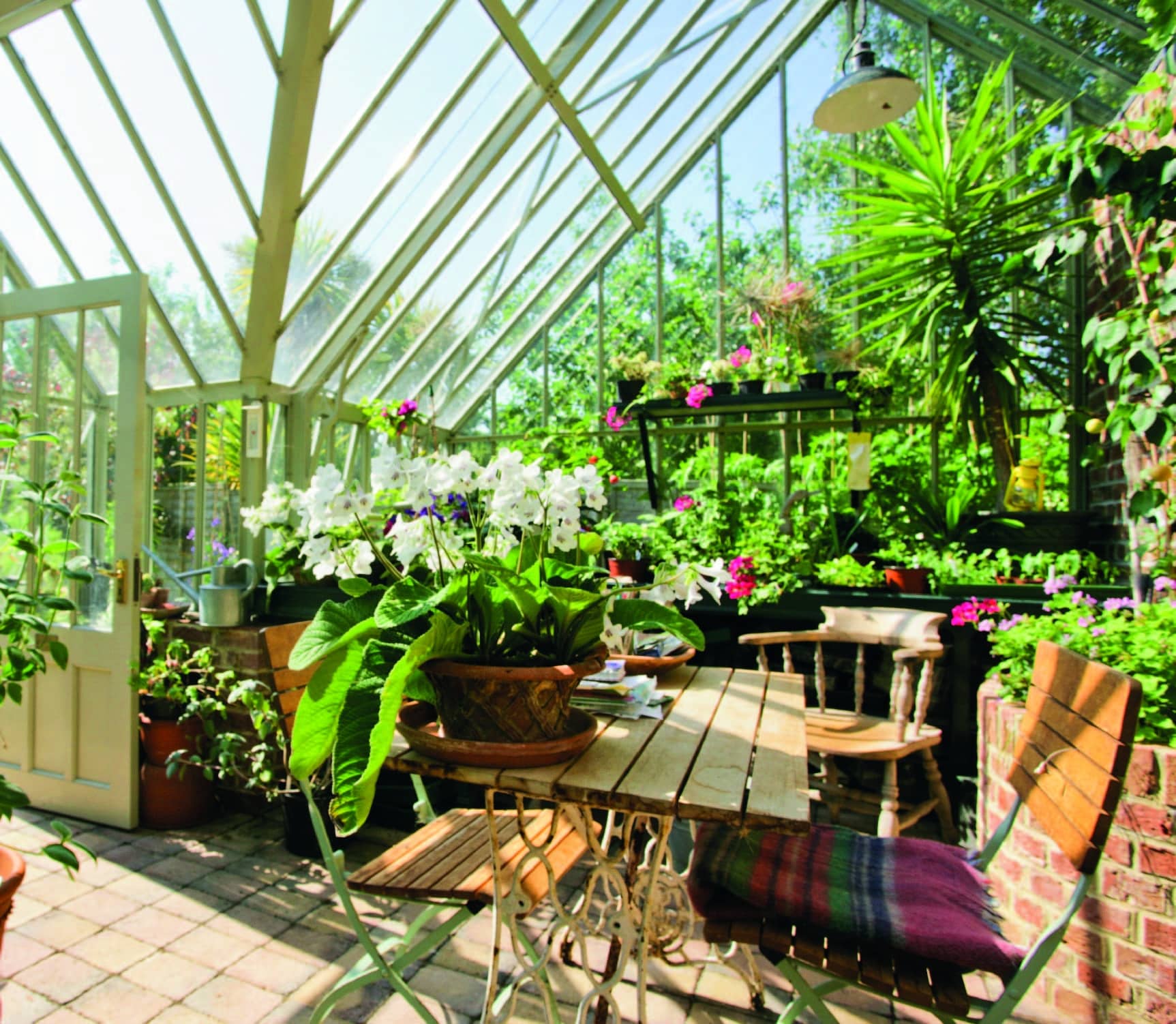 Interior of victorian greenhouse with lots of greenery and a table with three chairs