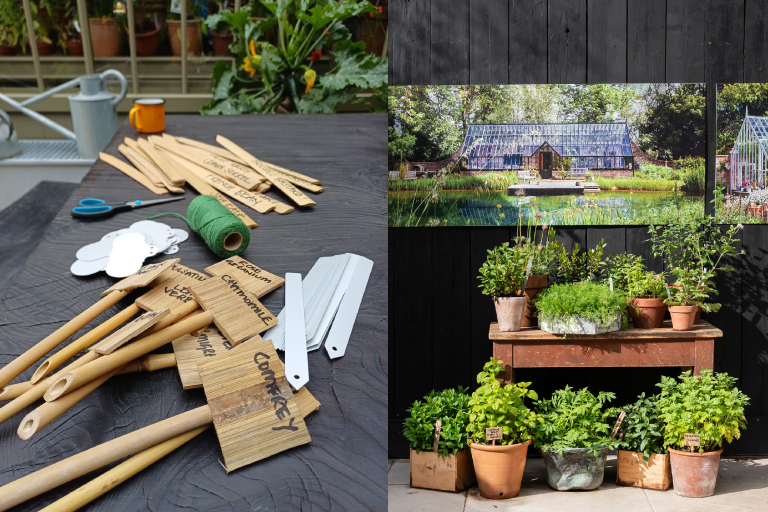 Gardening tools and wooden plant labels displayed alongside potted herbs and photographs of the Alitex Glasshouse exhibit at the Chelsea Flower Show 2026.