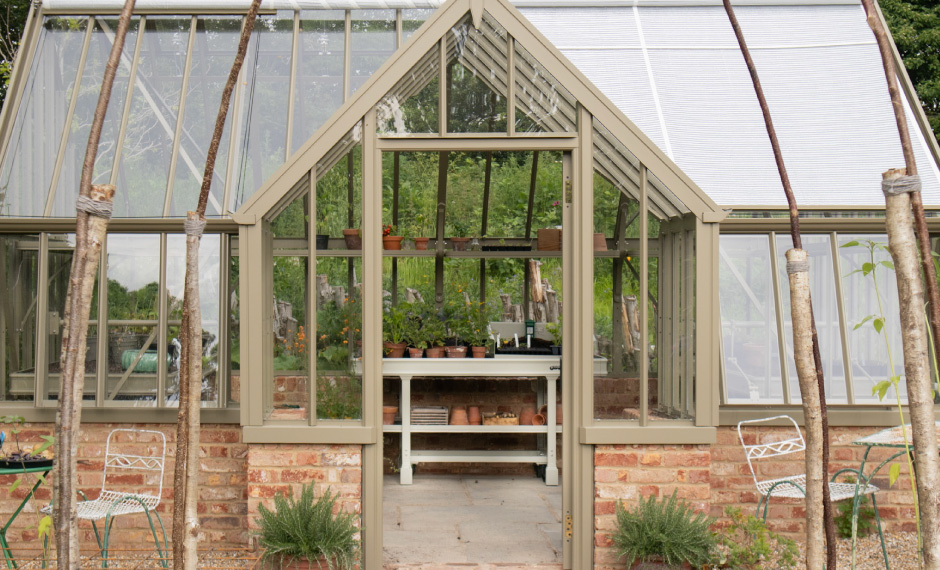 bench on wheels in an alitex greenhouse