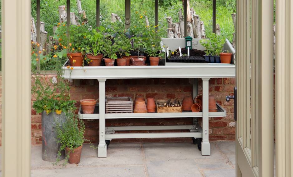 alitex greenhouse bench on wheels in wood sage