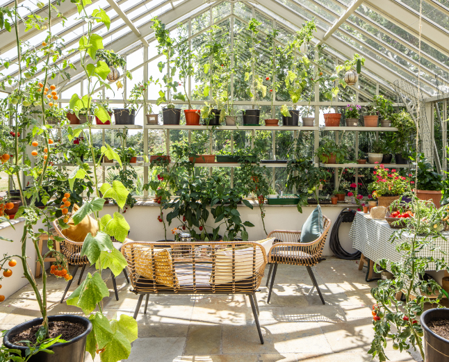 Jersey B&B Gardeners Rest shelving in Alitex Greenhouse